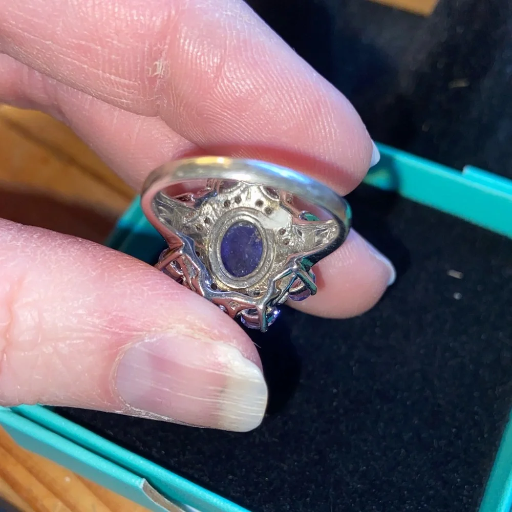 Sterling 925 Cabochon Tanzanite & Diamond Statement Cocktail Ring Size 7 - Picture 4 of 14